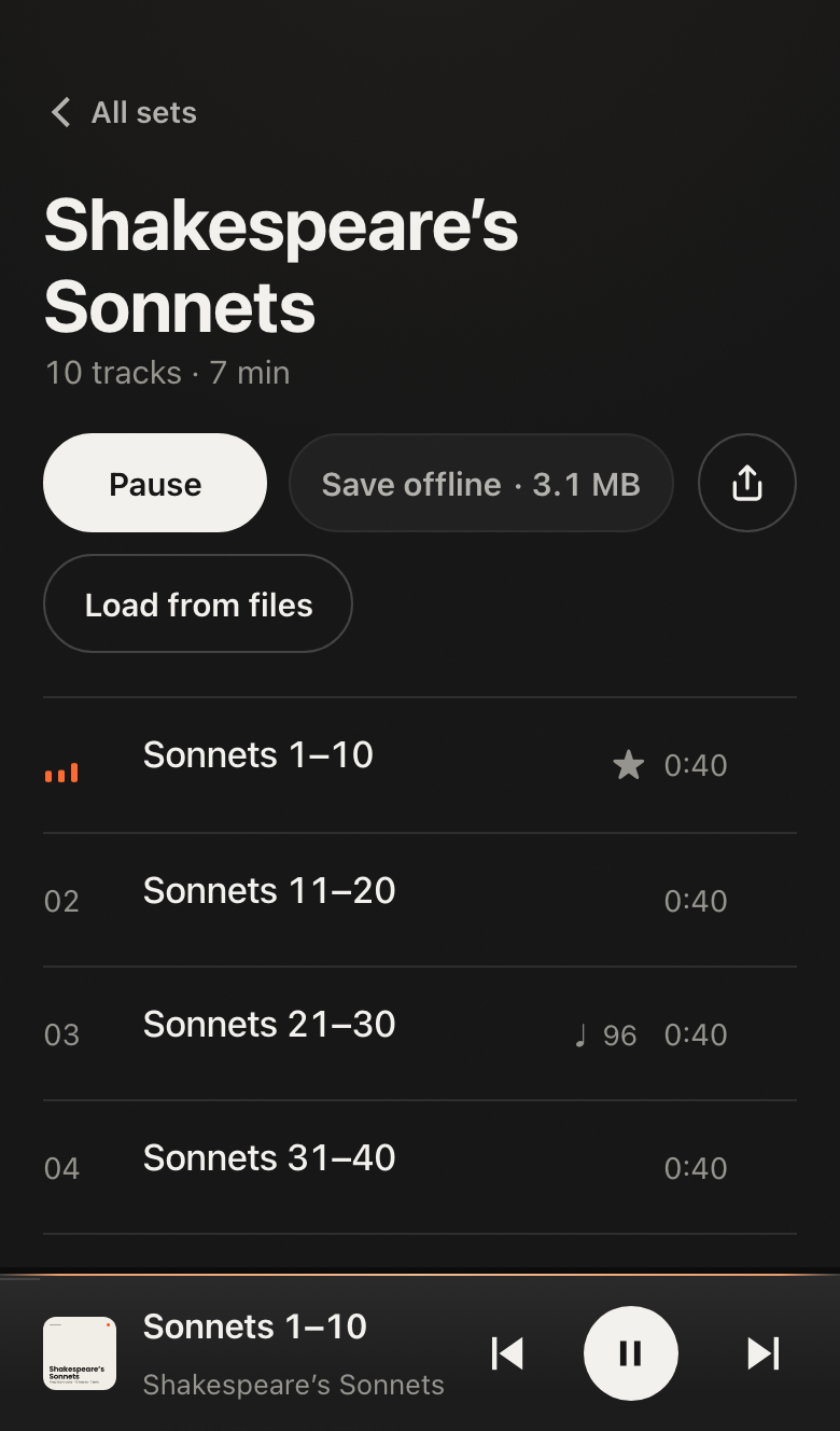The set page with the player along the bottom